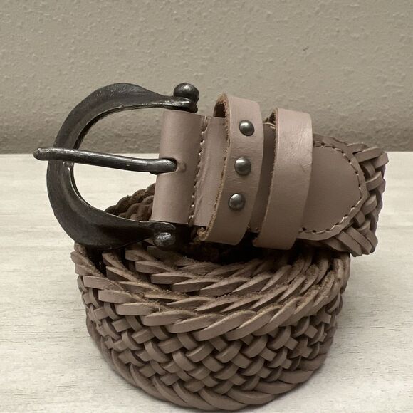 FREE PEOPLE Sz M/L We The Free Light Brown Woven Buff Leather Brix Belt - Picture 6 of 9